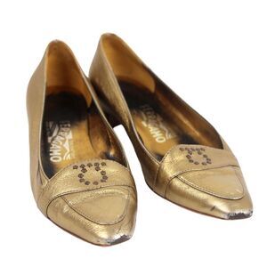 VTG Salvatore Ferragamo GOLD GENUINE LEATHER POINTED BALLET SLIP ON SHOES Sz 5